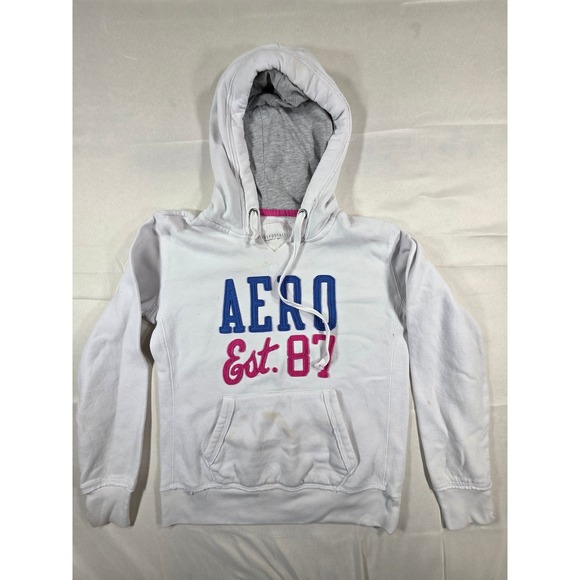 Aeropostale Tops - Aeropostale Womens White AERO Est 87 Graphic Pullover Hoodie Size Medium